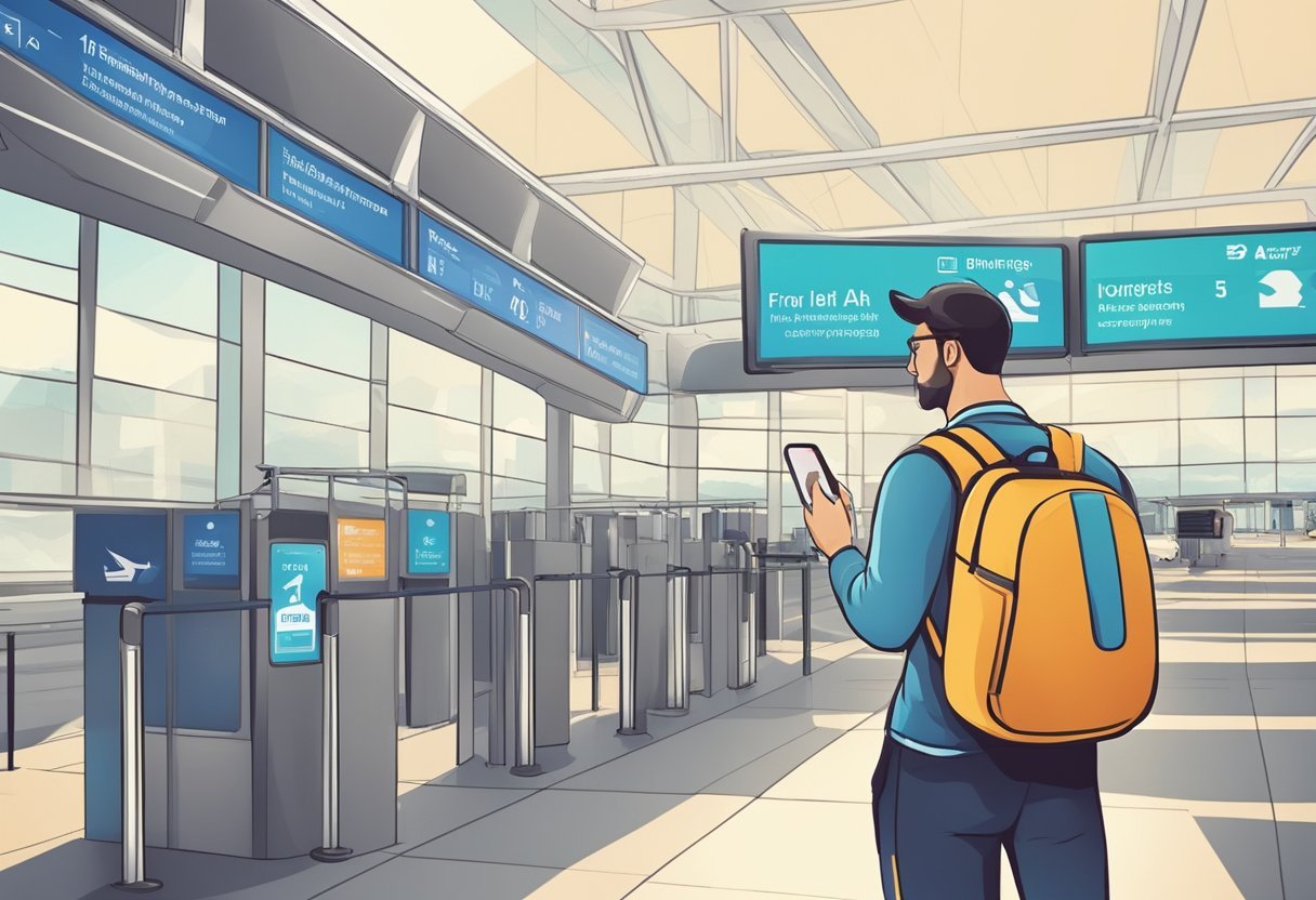 A deaf traveler confidently navigates an airport with clear signage and visual alerts, using a smartphone for communication and accessing travel information