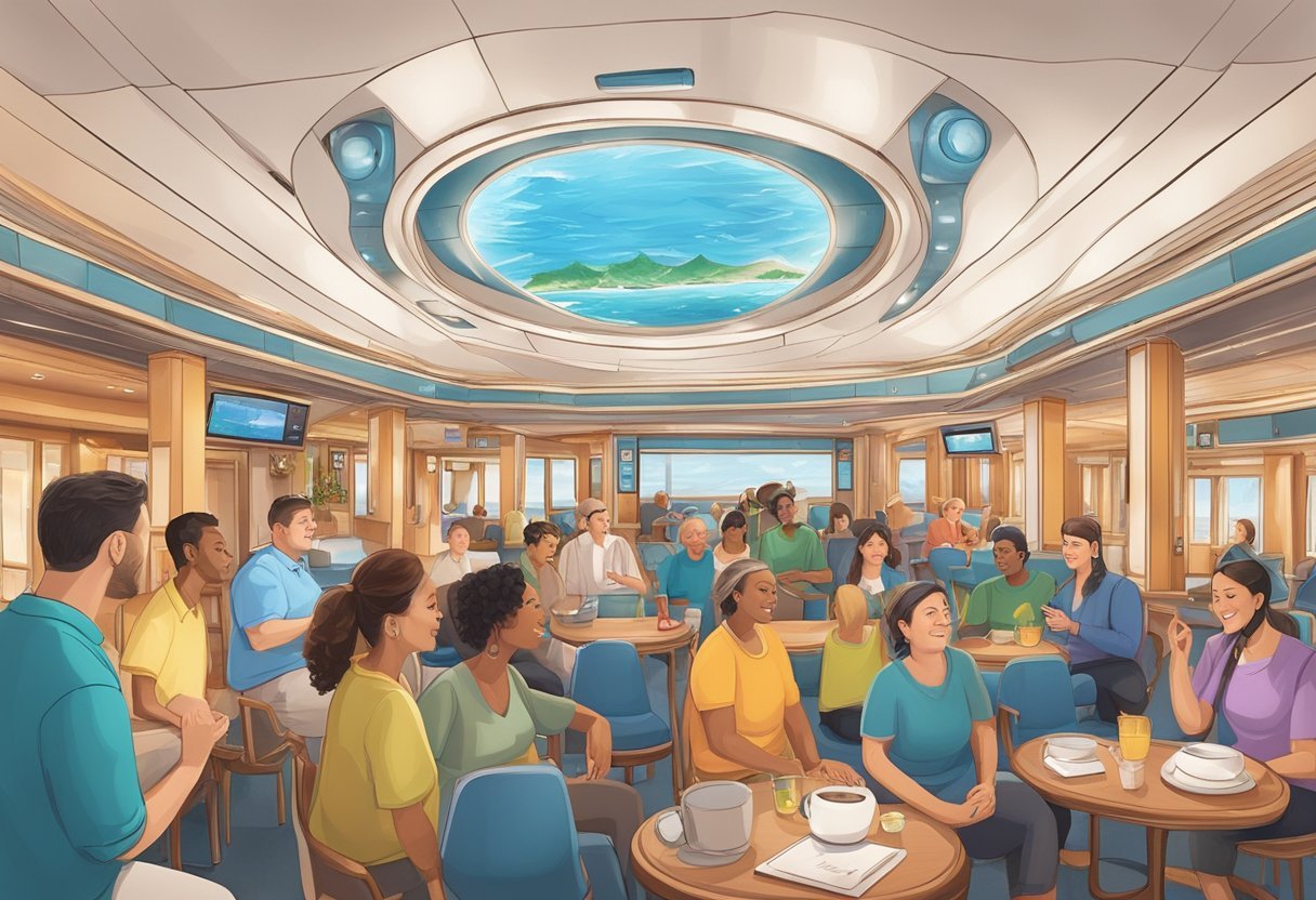 A cruise ship with visual alarms, vibrating alerts, and sign language interpreters. Deaf travelers enjoying accessible communication and inclusive experiences